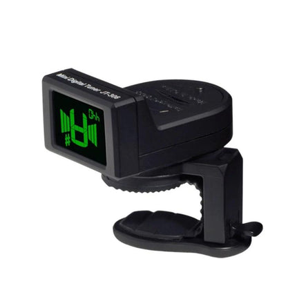 JOYO Clip-On Tuner for Everyday Instrument Practice Sessions compact black clip-on tuner with green LCD display mounted on guitar headstock clamp