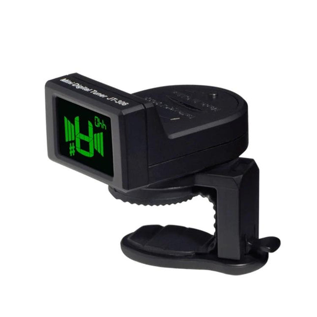 JOYO Clip-On Tuner for Everyday Instrument Practice Sessions compact black clip-on tuner with green LCD display mounted on guitar headstock clamp