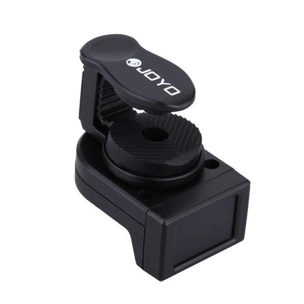 JOYO Clip-On Tuner for Everyday Instrument Practice Sessions black clip-on tuner attached to guitar headstock, compact travel-ready design