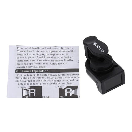 JOYO Clip-On Tuner for Everyday Instrument Practice Sessions black clip-on tuner attached to instruction sheet