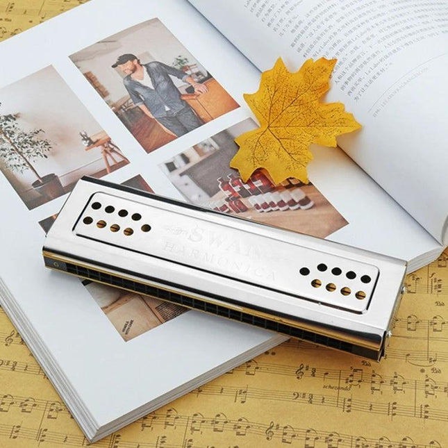 Swan Harmonica for Relaxing Evenings and Daily Practice on magazine with autumn leaf, double-sided compact harmonica for daily practice