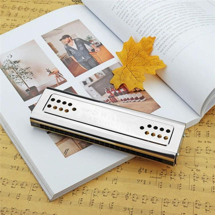 Swan Harmonica for Relaxing Evenings and Daily Practice lying on an open magazine with a maple leaf, double-sided compact harmonica for home practice