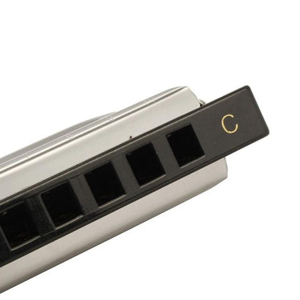 Swan Harmonica for Everyday Music Learning and Practice Sessions - close-up of C key harmonica with chrome cover and black comb