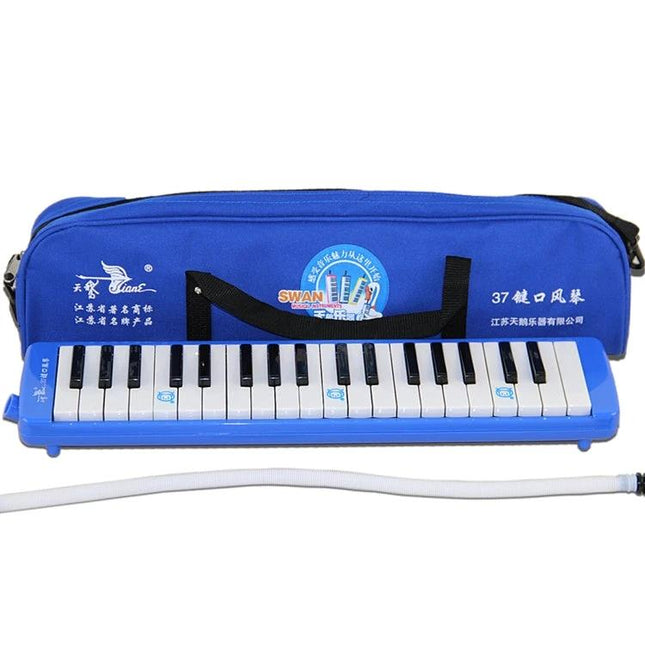 Swan Melodica for Beginner Music Practice at Home - blue 37-key melodica with mouthpiece and carry case for quiet apartment practice