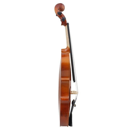 Full Size Handmade Acoustic Violin for Home Music Practice - side profile of varnished wooden violin with bow attached, ideal for beginners