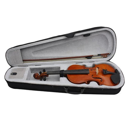 Full Size Handmade Acoustic Violin for Home Music Practice in open case with bow, wood finish and padded interior for beginner home practice
