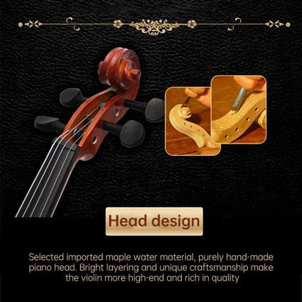 Full Size Handmade Acoustic Violin for Home Music Practice - handcrafted maple head design close-up showing tuning pegs and carving details