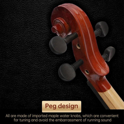 Full Size Handmade Acoustic Violin for Home Music Practice - close-up of pegbox and maple tuning pegs, glossy finish for beginner home practice
