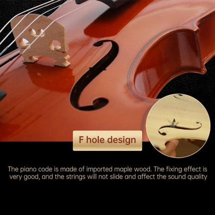 Full Size Handmade Acoustic Violin for Home Music Practice close-up of F-hole and maple bridge showing glossy varnish and string setup