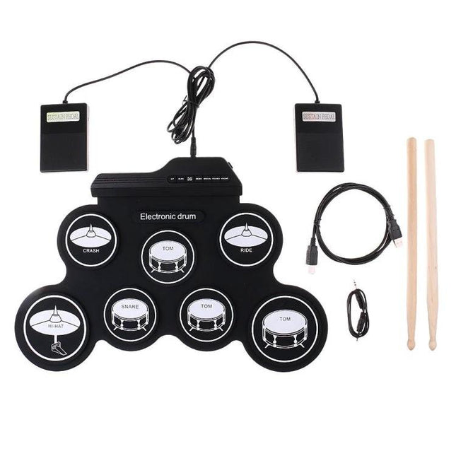 Electronic Drum for Daily Music Practice at Home - compact roll-up electronic drum set with pedals, cables, sticks for quiet headphone practice