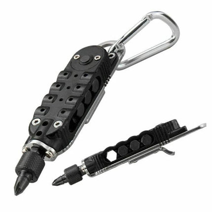 Mini Portable Multitool With LED Light For Everyday Quick Fixes - compact black multitool with LED, carabiner, screwdrivers and hex keys