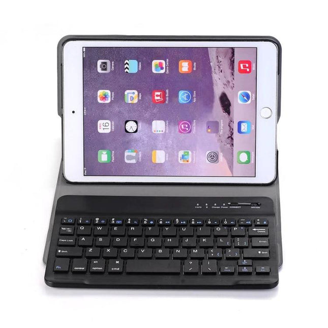 Slim iPad Mini 3/2/1 Case with Integrated Bluetooth Keyboard showing tablet in landscape with protective folio and detachable keyboard