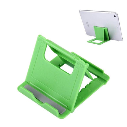 Adjustable Universal Stand for Smartphones and Tablets in bright green, adjustable angles for portrait and landscape viewing, portable travel tablet holder
