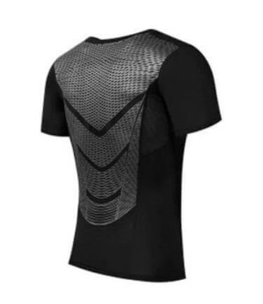 MMA Men’s Compression Set Long Sleeve Tee And Pants For Fitness black short sleeve view of breathable back panel compression top