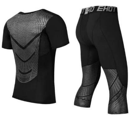 MMA Men’s Compression Set Long Sleeve Tee And Pants For Fitness black breathable mesh back tee and 3/4 compression pants