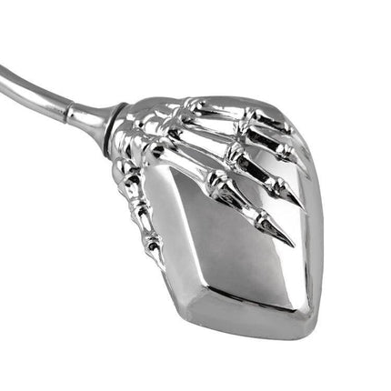 Universal Skeleton Hand Rear View Mirror for Motorcycles showing chrome skeleton claw gripping rectangular mirror