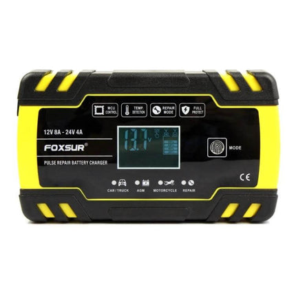 Foxsur 12V-24V Battery Charger for Cars and Motorcycles - compact pulse repair charger with LCD display, mode button and protective yellow casing