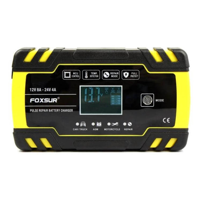 Foxsur 12V-24V Battery Charger for Cars and Motorcycles - compact pulse repair charger with LCD display, mode button and protective yellow casing