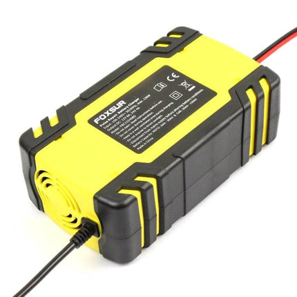 Foxsur 12V-24V Battery Charger for Cars and Motorcycles compact yellow-and-black maintainer for car and motorcycle batteries