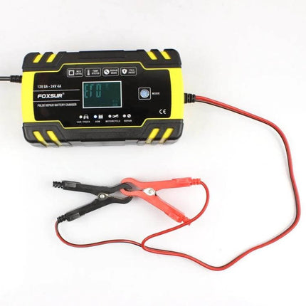 Foxsur 12V-24V Battery Charger for Cars and Motorcycles black yellow pulse repair charger with clamps on white background
