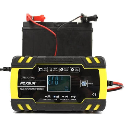 Foxsur 12V-24V Battery Charger for Cars and Motorcycles - compact pulse repair charger with LCD display and clamps