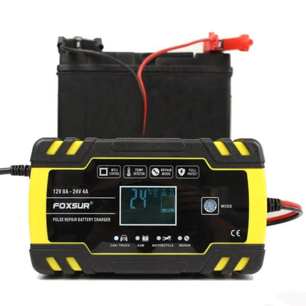 Foxsur 12V-24V Battery Charger for Cars and Motorcycles - compact pulse repair charger with digital display and clamps