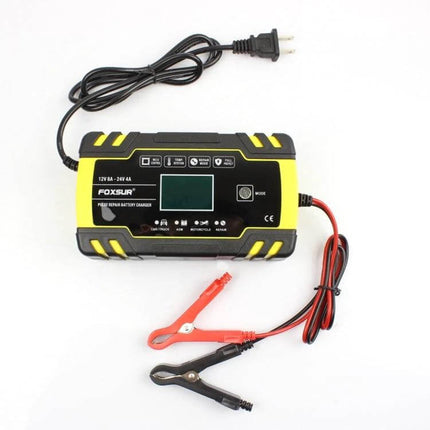 Foxsur 12V-24V Battery Charger for Cars and Motorcycles - compact yellow/black charger with clamps and digital display