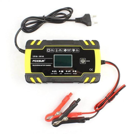 Foxsur 12V-24V Battery Charger for Cars and Motorcycles compact pulse repair charger with clamps and power cord