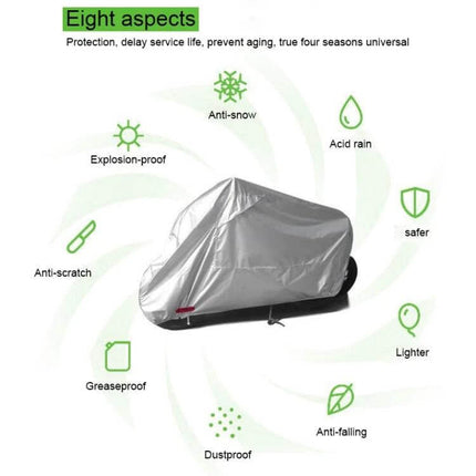 Rainproof Dust-Proof Cover for Motorcycles and Electric Cars, XXL showing silver full-coverage protective cover with wheel keyhole and feature icons