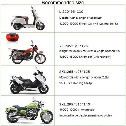 Rainproof Dust-Proof Cover for Motorcycles and Electric Cars, XXL - XXL size cover shown with recommended vehicle size chart