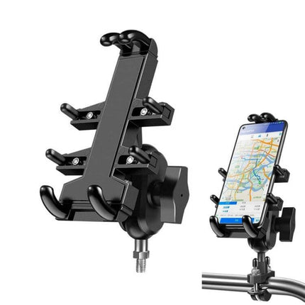 Aluminum Ball-Head Motorcycle Phone Navigation Holder for Riding mounted on handlebar showing smartphone with map