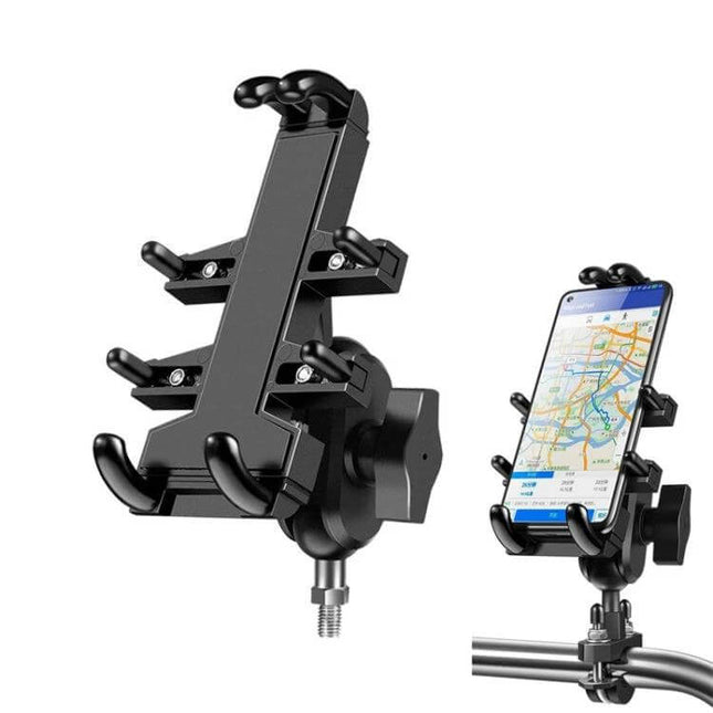Aluminum Ball-Head Motorcycle Phone Navigation Holder for Riding mounted on handlebar showing smartphone with map