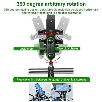 Aluminum Ball-Head Motorcycle Phone Navigation Holder for Riding showing 360-degree rotation, lock knob and two big spheres mounted on handlebars