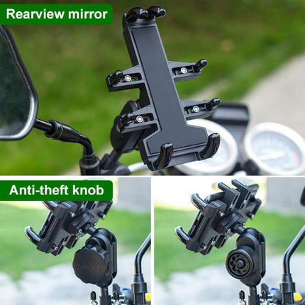 Aluminum Ball-Head Motorcycle Phone Navigation Holder for Riding mounted on handlebar with anti-theft knob and rearview mirror attachment