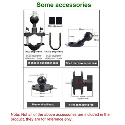 Aluminum Ball-Head Motorcycle Phone Navigation Holder for Riding with accessories diagram showing handlebar and mirror mounts