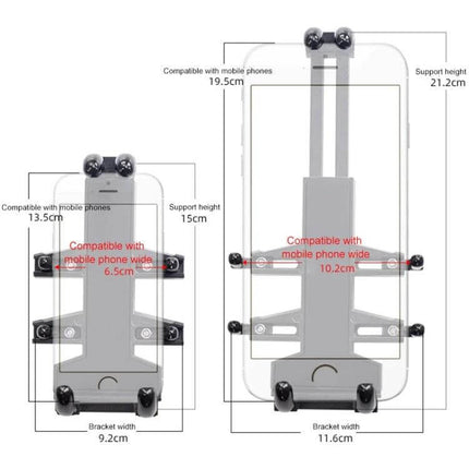 Aluminum Ball-Head Motorcycle Phone Navigation Holder for Riding showing dimensions and compatibility for different phone sizes