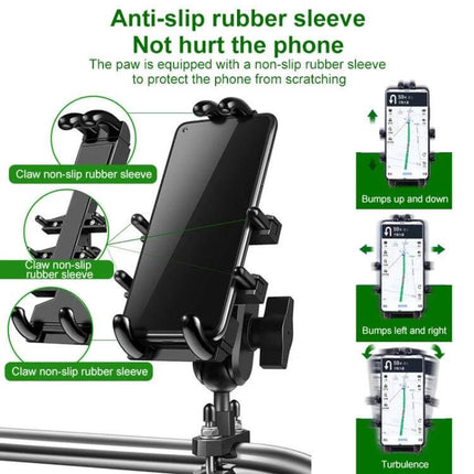 Aluminum Ball-Head Motorcycle Phone Navigation Holder for Riding mounted on handlebar with anti-slip rubber sleeve showing phone stability
