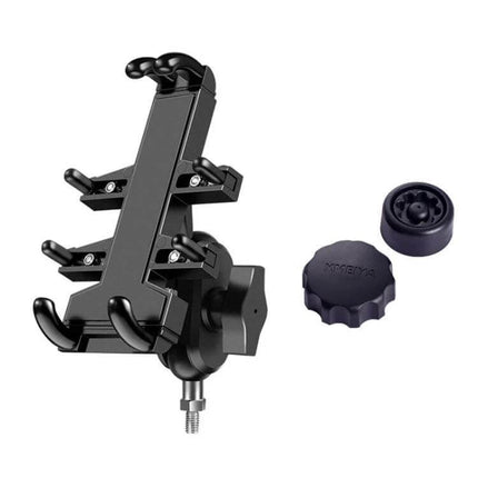 Aluminum Motorcycle Phone Mount with Anti-Theft Knobs securely holding smartphone on bike handlebar for navigation and theft protection