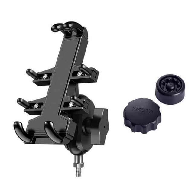Aluminum Motorcycle Phone Mount with Anti-Theft Knobs securely holding smartphone on bike handlebar for navigation and theft protection