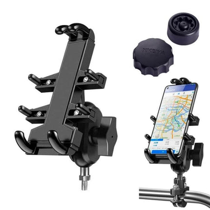 Aluminum Motorcycle Phone Mount with Anti-Theft Knobs securely holding smartphone on handlebar for navigation and theft prevention