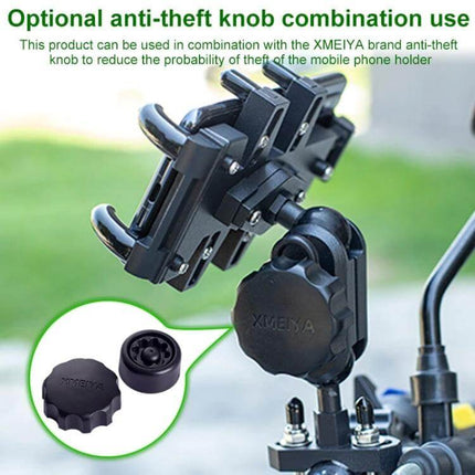 Aluminum Motorcycle Phone Mount with Anti-Theft Knobs securely attached to handlebar showing anti-theft knob and phone holder