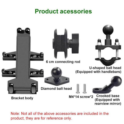 Aluminum Motorcycle Phone Mount with Anti-Theft Knobs showing bracket, U-shaped ball head, diamond ball head, connecting rod and screws