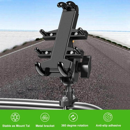 Aluminum Motorcycle Phone Mount with Anti-Theft Knobs securely mounted on handlebar showing anti-slip, 360° rotation and metal bracket