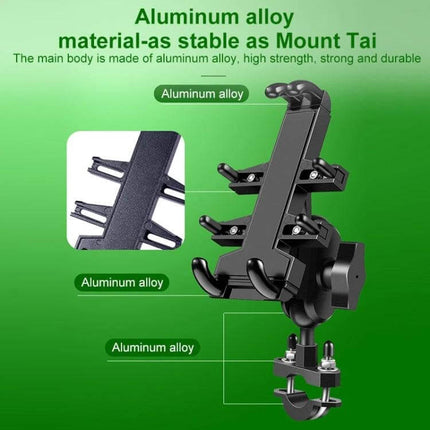 Aluminum Motorcycle Phone Mount with Anti-Theft Knobs securely clamped to handlebar, aluminum alloy construction, vibration-resistant bike phone holder