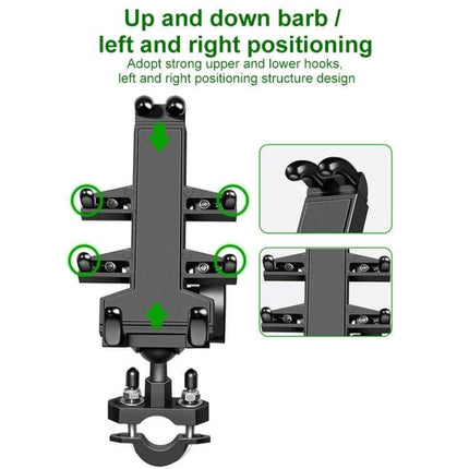 Aluminum Motorcycle Phone Mount with Anti-Theft Knobs securely holding smartphone on handlebar with adjustable up-down and left-right positioning