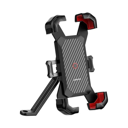 JOYROOM Versatile Motorcycle Phone Mount for Secure Handling – black carbon-fiber grip mount with red accents for handlebars