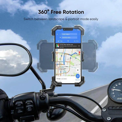 JOYROOM Versatile Motorcycle Phone Mount for Secure Handling showing phone with map in 360° rotation on handlebars