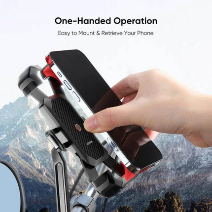 JOYROOM Versatile Motorcycle Phone Mount for Secure Handling shown one-handed mounted on handlebars holding a smartphone securely