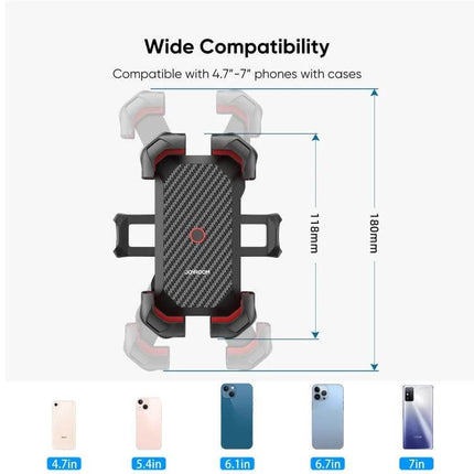 JOYROOM Versatile Motorcycle Phone Mount for Secure Handling showing wide compatibility 4.7"–7" phones with measurements and example phone sizes