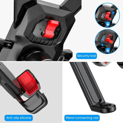 JOYROOM Versatile Motorcycle Phone Mount for Secure Handling with security lock, anti-slip silicone grip and metal connecting rod